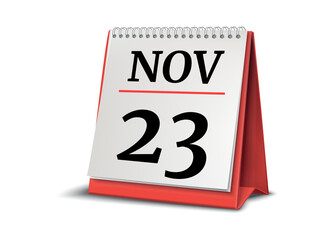 Calendar on white background. 23 November. 3D illustration.