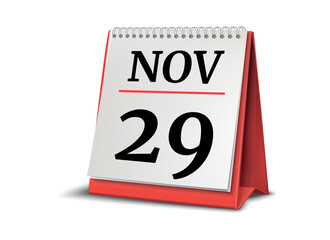 Calendar on white background. 29 November. 3D illustration.