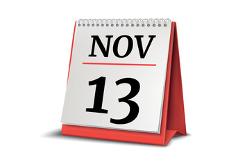 Calendar on white background. 13 November. 3D illustration.