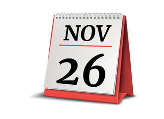 Calendar on white background. 26 November. 3D illustration.