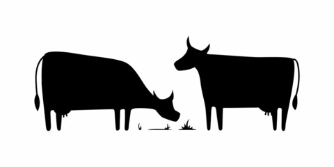 Silhouette of cows on a white background. Cows eat grass. Grazing farm animals. Flat graphic style icon