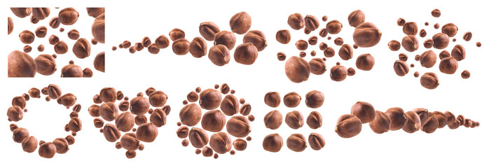 A set of photos. Peeled hazelnut levitates on a white background