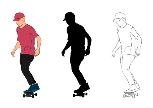 graphics image man cartoon character riding a skateboard or surf skate standing body silhouette outline  vector illustration