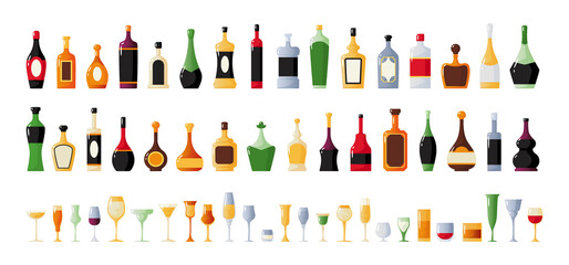 Cartoon alcohol bottles. Whiskey or wine drink. Vermouth and liquor in glasses. Bar collection. Cognac packages. Stemware shapes. Cocktail goblets or vodka shorts. Vector beverages set - obrazy, fototapety, plakaty