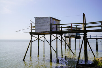 typical wooden hut cabin for fisherman in river garonne Meschers-sur-Gironde atlantic coast France