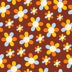 Floral seamless pattern with hippie retro elements on a terracotta background. Trendy vector groovy design in style 60s, 70s