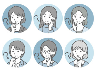 疑問に思う中年女性の斜め向き丸アイコンセット