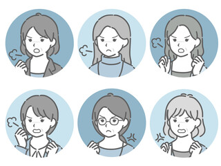 困る中年女性の斜め向き丸アイコンセット