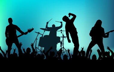 Alternative Band Musicians Concert with Crowd Silhouettes. Live music and entertainment concept