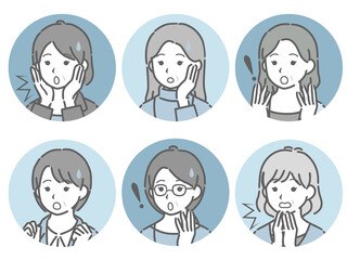 驚く中年女性の斜め向き丸アイコンセット