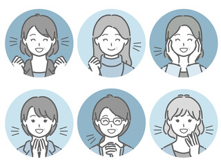 喜ぶ中年女性の丸アイコンセット