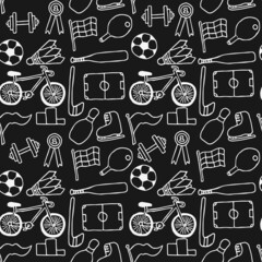 Seamless vector pattern with sports icons. Doodle vector with sport icons on black background. Vintage sport pattern