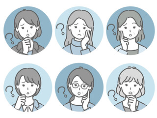 疑問に思う中年女性の丸アイコンセット