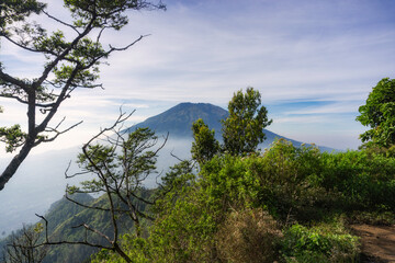 View peak of a mountain with grass and trees foreground and cloudy weather condition. The mountain named Mount Merbabu. This view taken from peak of Mount Telomoyo, Central Java, Indonesia