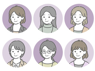 中年女性の斜め向き丸アイコンセット