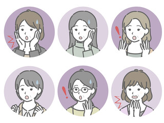 驚く中年女性の斜め向き丸アイコンセット