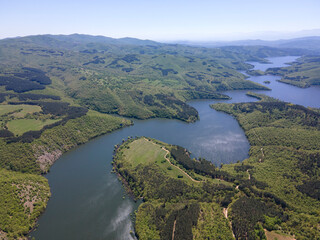 Aerial spring view of Topolnitsa Reservoir, Bulgaria