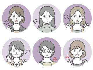 怒る中年女性の丸アイコンセット