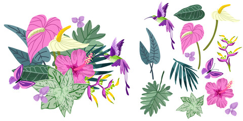 Fototapeta na wymiar Lush tropical bouquet, flowers and leaves, vector