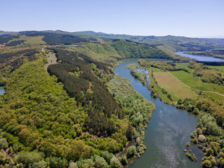Aerial spring view of Topolnitsa Reservoir, Bulgaria