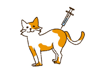 ワクチンを打っている猫　コミカルな手書きの人物　ベクター、線画にカラー