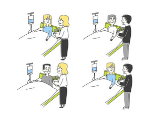 入院している患者をお見舞いしている人々のセット　コミカルな手書きの人物　ベクター、線画にカラー