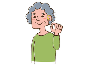 補聴器をつけて聞こえるようになった高齢女性　コミカルな手書きの人物　ベクター、線画にカラー