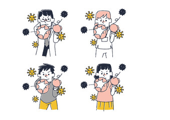 ウイルスを撃退する人々のセット　コミカルな手書きの人物　ベクター、線画にカラー