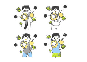 ウイルスを撃退する人々のセット　コミカルな手書きの人物　ベクター、線画にカラー