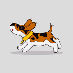 Running cute spotted puppy in a yellow collar. Vector illustration for your design.