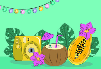 Summer exotic set. Papaya, cocktail in coconut, camera, exotic flower. Tropical vector illustration.