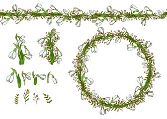 Set with snowdrops and herbs. Hand Drawn flowers for invitation, wedding or postcard. EPS 10 vector illustration.