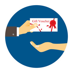 Logo of Businessman's hand holding gift voucher giving to other's hand. Gift voucher icon vector