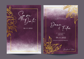 Elegance Dark purple wedding invitation wtercolor background template - obrazy, fototapety, plakaty