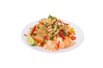 Stir-fried vermicelli with shrimp on white background, Thai food 
