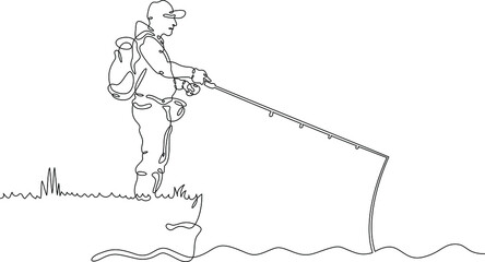 One continuous line.Fisherman on the river bank. Fisherman with a fishing rod.Fishing on the river. Fishing with spinning. One continuous line drawn isolated, white background. - obrazy, fototapety, plakaty