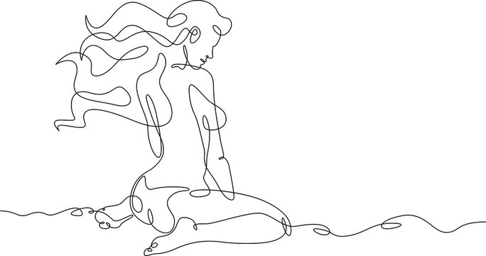 One continuous line.Woman is resting on the beach.Model with long hair is sitting on the seashore.Vacation at the resort.One continuous line drawn isolated, white background.