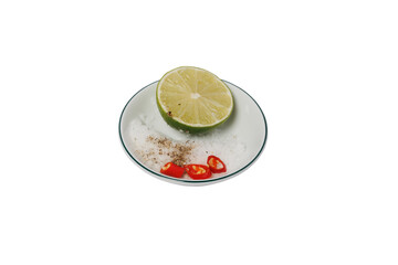 cup salt pepper lemon and chili, used to eat with seafood
