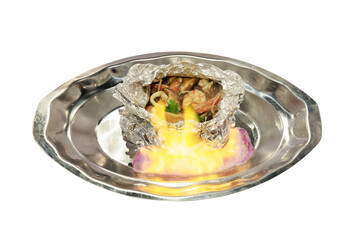 Tofu, seafood, grilled mushrooms with kitchen foil, very delicious Vietnamese food