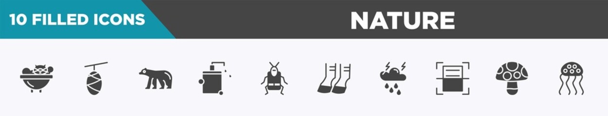 set of 10 filled nature icons. editable glyph icons such as cat bath, cocoon, polar bear, pet shampoo, crioceris, hoof, thunderstorm, mushroom vectors.