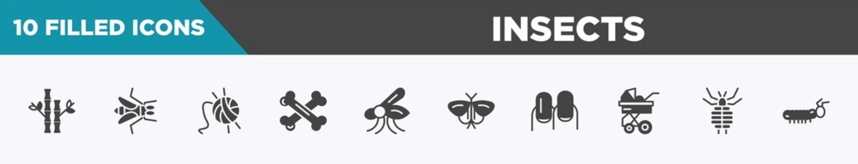 set of 10 filled insects icons. editable glyph icons such as bamboo, gadfly, wool, bones, mosquito, moth, nails, louse vectors.