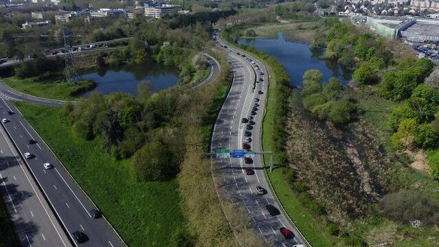 Traffic Jam and Rush Hour Time. Busy road junction view from above. Direct view from above to the road traffic. Traffic jam at a highway junction. 