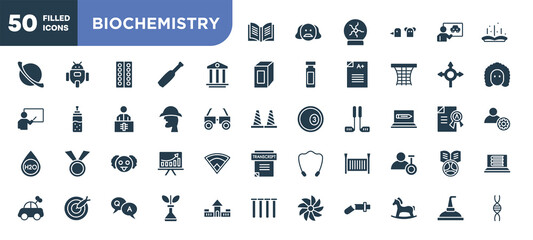 set of 50 filled biochemistry icons. editable glyph icons collection such as yearbook, pillars, sherlock holmes, professor, crib, biological, still vector illustration.