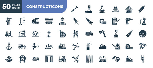 set of 50 filled constructicons icons. editable glyph icons collection such as hammer tool, constructor hand drawn worker, constructions, paint airbrush, wood brush tool, doors open, stairs with
