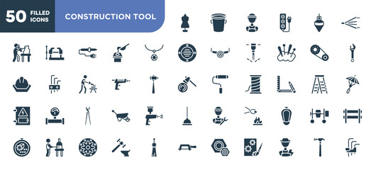 set of 50 filled construction tool icons. editable glyph icons collection such as tailor, rhinestone, glue gun, pincers, furnace, blacksmith, hammering vector illustration.