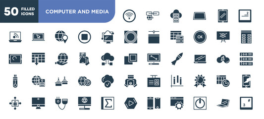 set of 50 filled computer and media icons. editable glyph icons collection such as wifi connection to internet, data transference by internet, phone in a hand, computer workers group, chart of