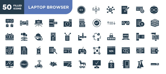 set of 50 filled laptop browser icons. editable glyph icons collection such as operating system, infected folder, computer case, energy drink, error 404, comic, flasks vector illustration.