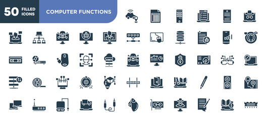 set of 50 filled computer functions icons. editable glyph icons collection such as safe driving, talk show, face recognition, streaming, encyclopedia, online tracking, tuition vector illustration.