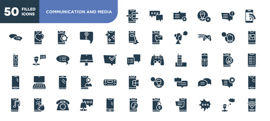 set of 50 filled communication and media icons. editable glyph icons collection such as phone chat, phone with clean screen, monitor, smartphone with big screen, chat bubble with ellipsis, woman