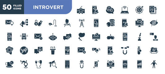 set of 50 filled introvert icons. editable glyph icons collection such as console, journalist, bot, followers, swipe right, expertise, high vector illustration.